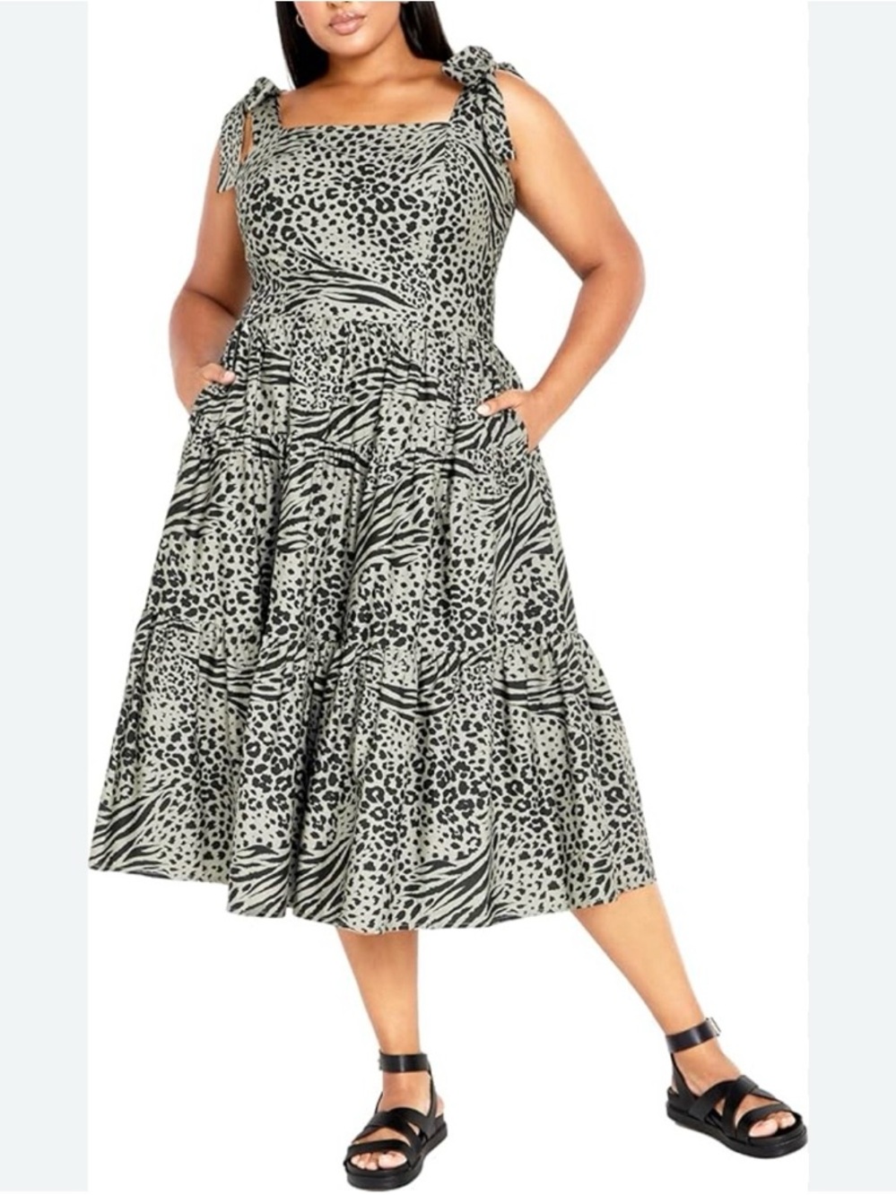 CITY CHIC NWT Gloria Party Tiered Tie-Shoulder Sage/Black Animal Print Midi 18